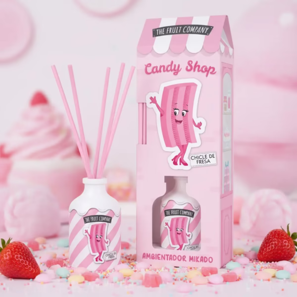 Geurstokjes Bubble Aardbei van The Fruit Company is een geurstokjes-diffuser uit de Candy Shop-collectie, met een geur geïnspireerd op klassieke aardbei-kauwgom.