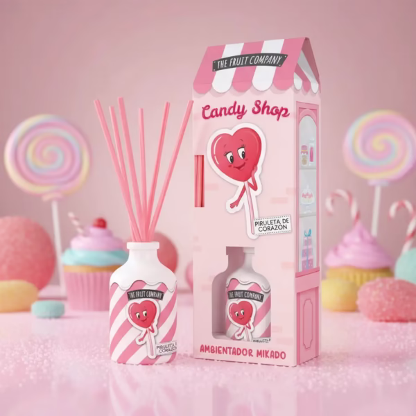 Geurstokjes lollipop van The Fruit Company is een geurstokjes-diffuser met aardbei-lollygeur uit de Candy Shop-collectie.